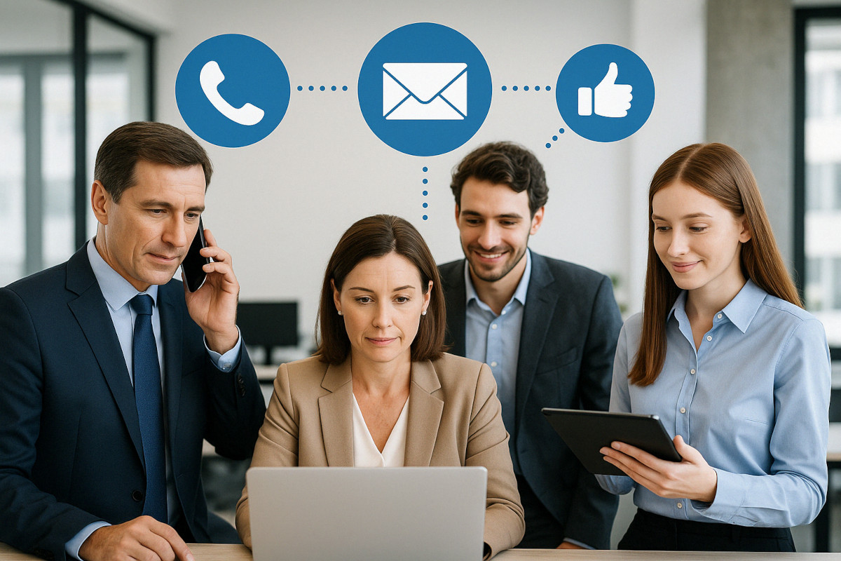 immagine di un ufficio con quattro impiegati impegnati con telefoni e computer che rappresenta la comunicazione multicanale